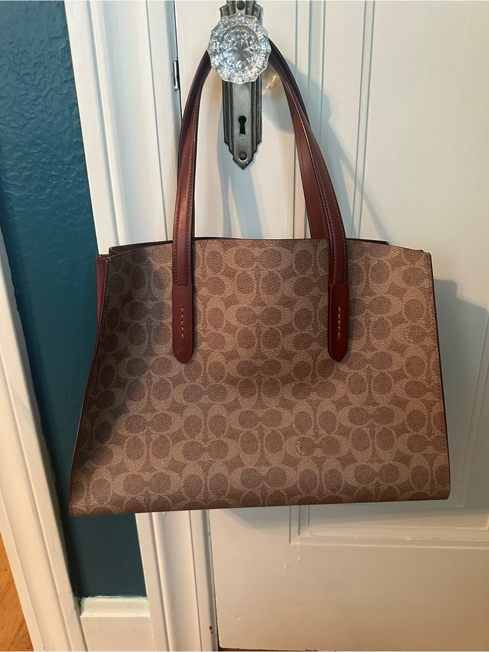 Coach Signature Canvas Tote in Brown with Dark Brown Leather Handles